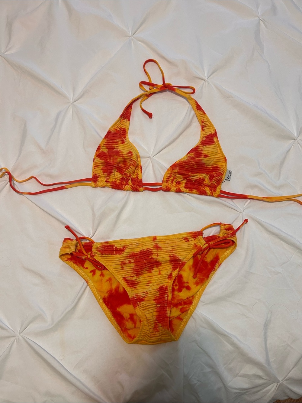 split Yellow and Red Tie-Dye Ribbed Triangle Bikini Vintage